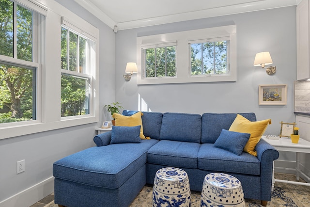 living area featuring baseboards