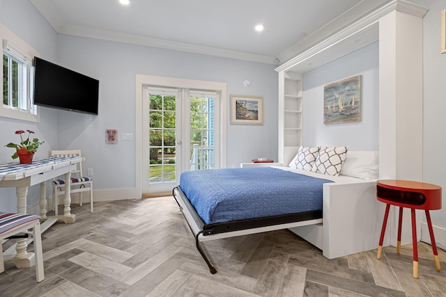 bedroom featuring recessed lighting, baseboards, access to exterior, and ornamental molding