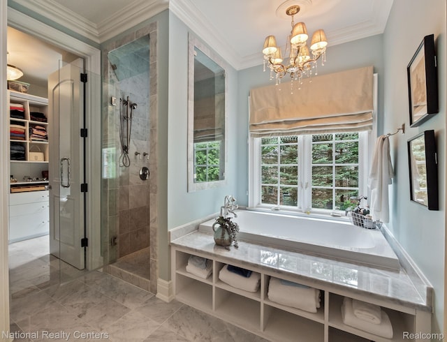 6654 College Park, Clarkston, MI 48346 - bathroom with a shower stall, a chandelier, crown molding, a garden tub, and a walk in closet