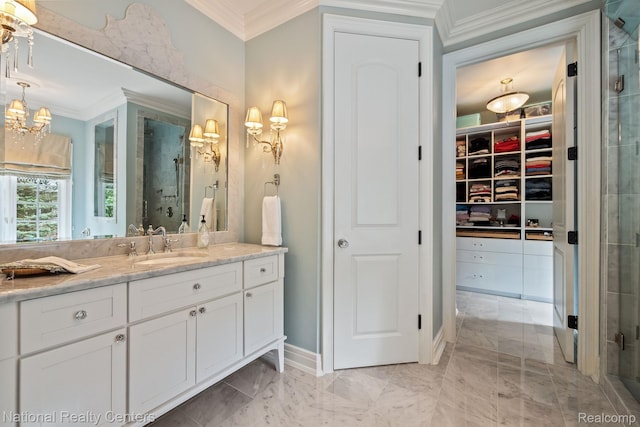 6654 College Park, Clarkston, MI 48346 - bathroom with a chandelier, crown molding, vanity, a shower stall, and a spacious closet