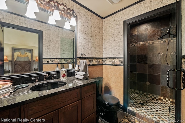 6654 College Park, Clarkston, MI 48346 - bathroom featuring crown molding, a stall shower, vanity, and toilet