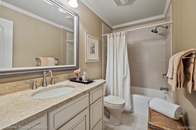 6654 College Park, Clarkston, MI 48346 - full bath with vanity, tile patterned floors, ornamental molding, shower / bath combination with curtain, and toilet