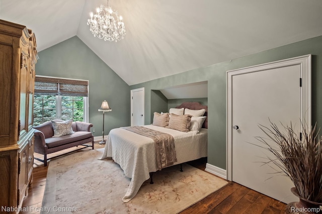6654 College Park, Clarkston, MI 48346 - bedroom featuring wood-type flooring, vaulted ceiling, baseboards, and a chandelier