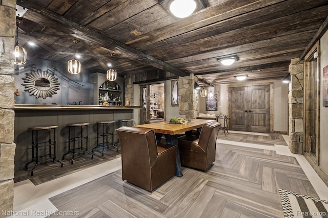 6654 College Park, Clarkston, MI 48346 - dining room featuring wooden ceiling with exposed beams and bar area