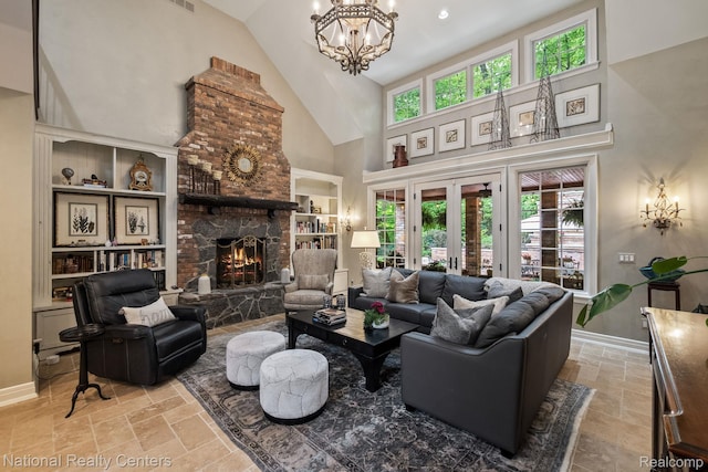 6654 College Park, Clarkston, MI 48346 - living room with high vaulted ceiling, built in features, stone tile flooring, a chandelier, and baseboards