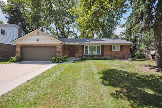 ranch-style home with brick siding, driveway, a front yard, and an attached garage