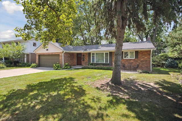 ranch-style home with a front lawn, concrete driveway, an attached garage, brick siding, and a chimney