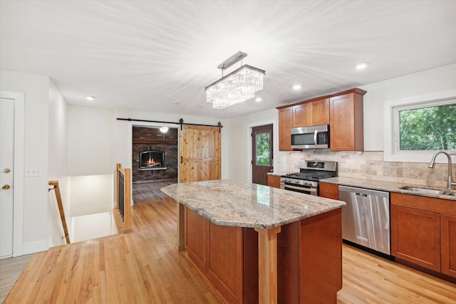 kitchen with backsplash, a center island, light wood-style floors, stainless steel appliances, and a sink