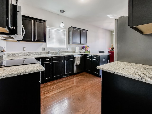 kitchen featuring a sink, dark cabinetry, wood finished floors, stainless steel appliances, and hanging light fixtures