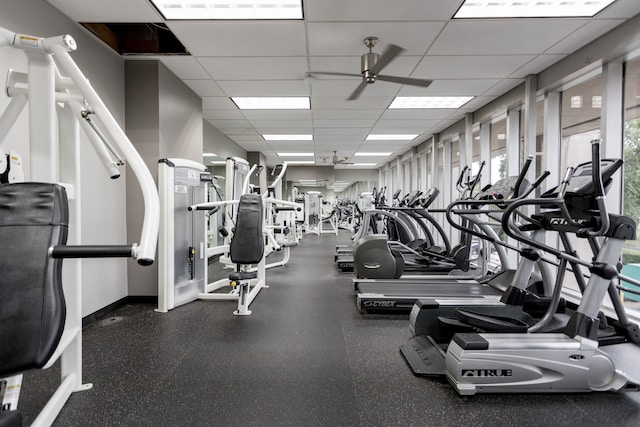 gym featuring a drop ceiling, baseboards, and a ceiling fan