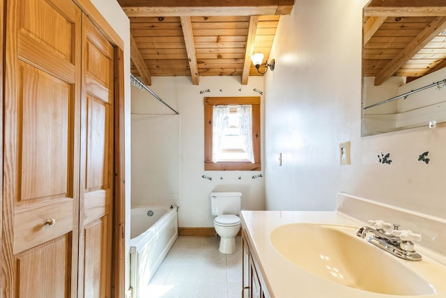 bathroom with wood ceiling, vaulted ceiling with beams, toilet, and vanity