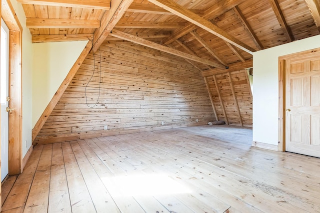 interior space with lofted ceiling with beams, hardwood / wood-style floors, wooden ceiling, and wood walls