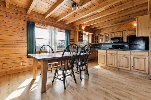 dining room featuring wooden ceiling, light wood-type flooring, wood walls, and beam ceiling