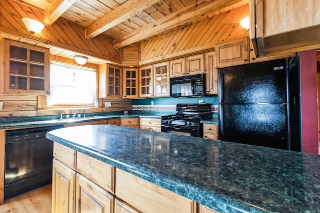 kitchen featuring beam ceiling, black appliances, light wood-style floors, wooden ceiling, and glass insert cabinets