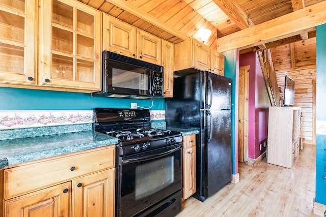 kitchen featuring light brown cabinets, beamed ceiling, wooden ceiling, light wood-style floors, and black appliances