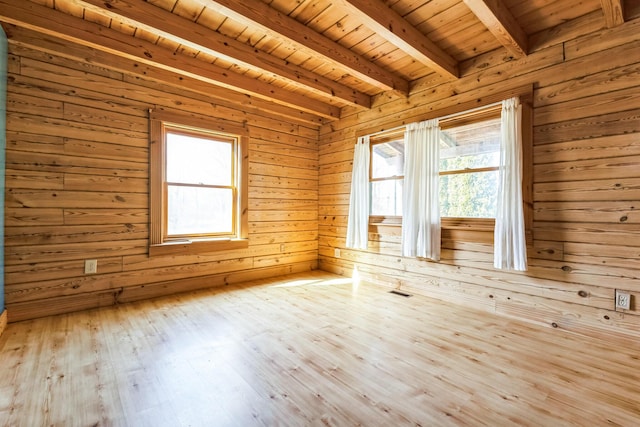 empty room featuring beam ceiling, a healthy amount of sunlight, wood finished floors, and wooden ceiling