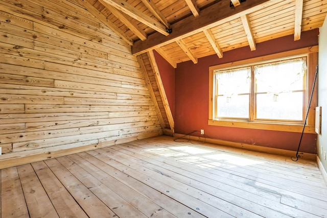 unfurnished room with wooden walls, vaulted ceiling with beams, baseboards, wood ceiling, and wood-type flooring