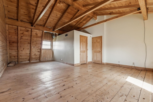 unfurnished room featuring beamed ceiling, wood ceiling, and light wood-style floors