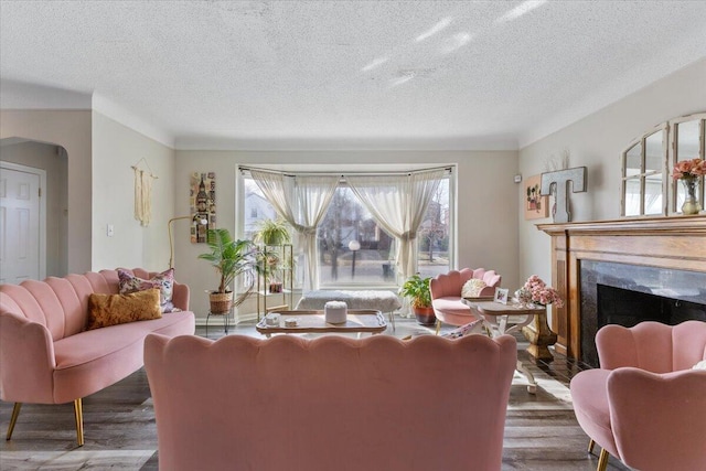 living area featuring arched walkways, a textured ceiling, wood finished floors, and a premium fireplace