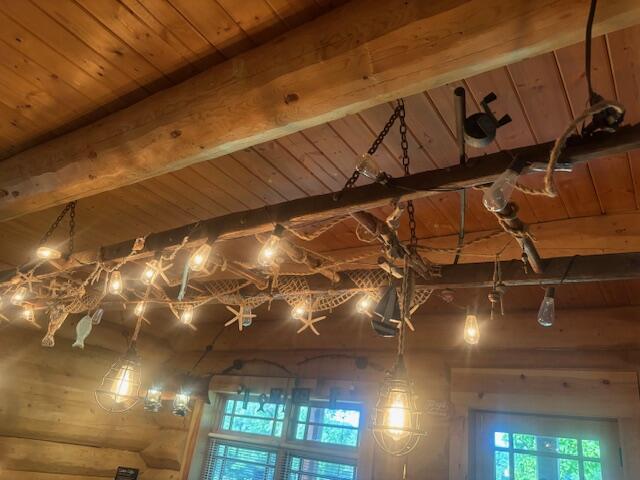 details featuring beamed ceiling and wooden ceiling