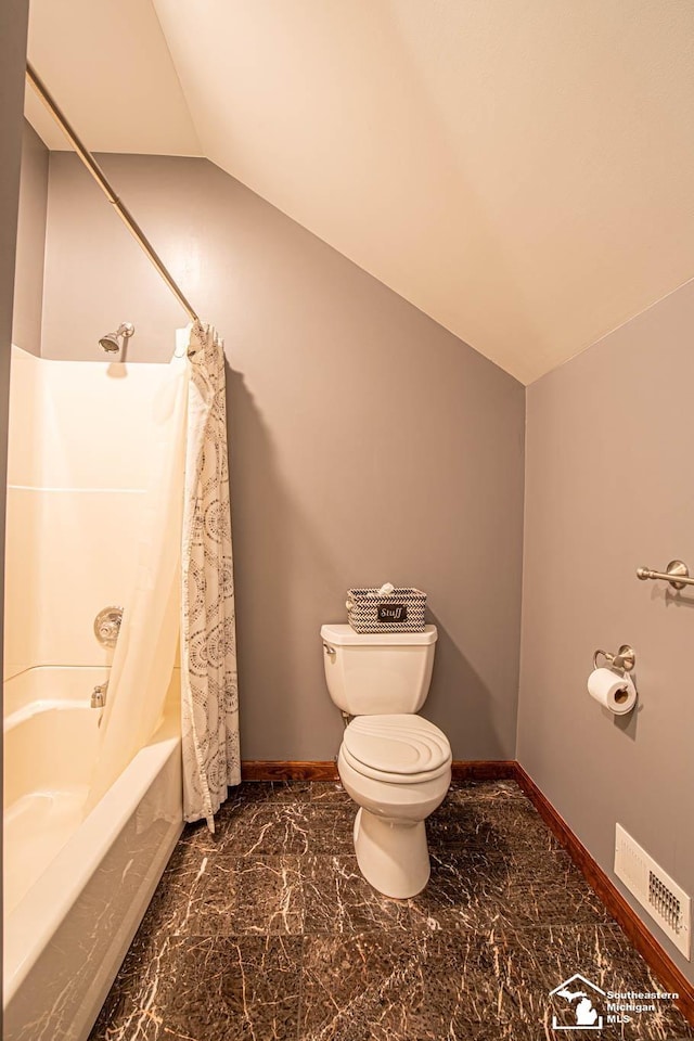 full bath featuring toilet, visible vents, lofted ceiling, and marble finish floor
