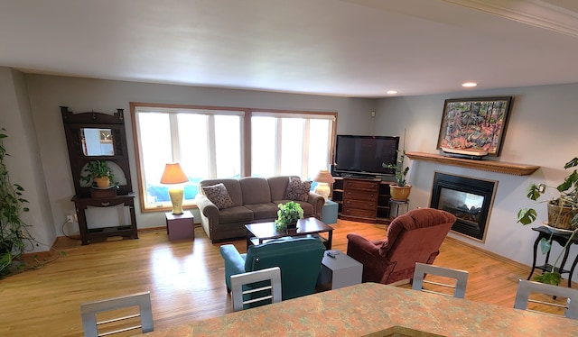 living area with light wood finished floors, baseboards, a glass covered fireplace, and recessed lighting