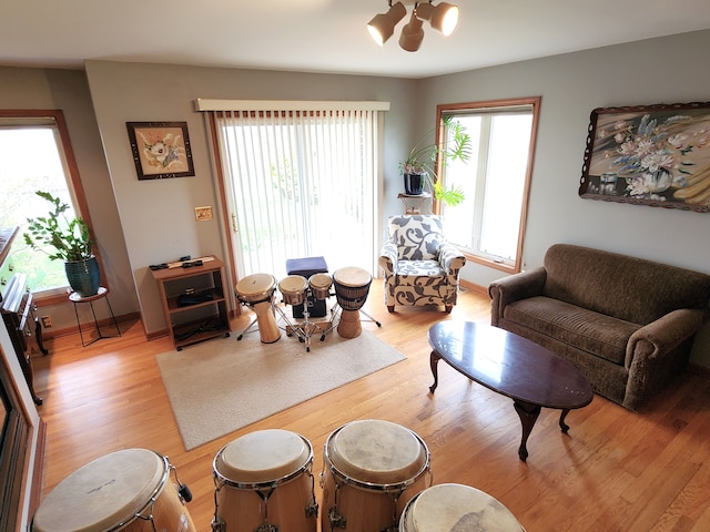 living area featuring a chandelier, light wood-style flooring, and baseboards