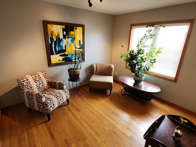 sitting room with baseboards and light wood-type flooring