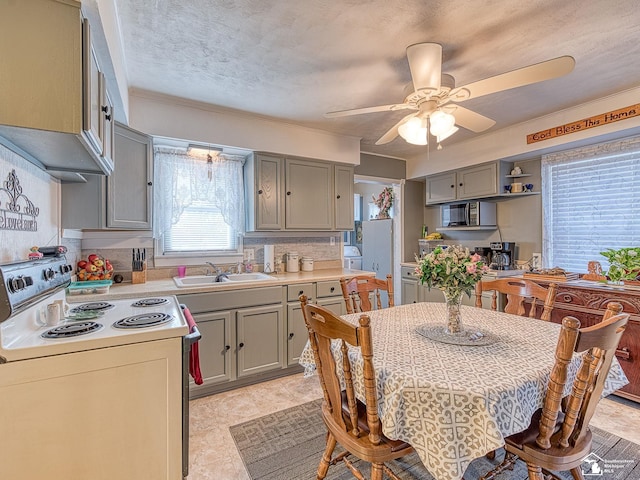 kitchen with a ceiling fan, gray cabinets, white electric range, a sink, and light countertops