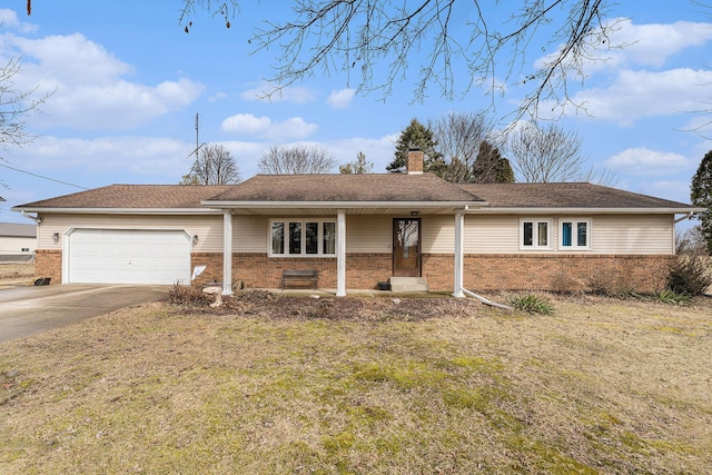 single story home featuring brick siding, an attached garage, concrete driveway, and a chimney