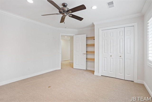 6579 Partridge Ln, Holland, MI 49423 - unfurnished bedroom featuring light colored carpet, recessed lighting, ornamental molding, baseboards, and ceiling fan