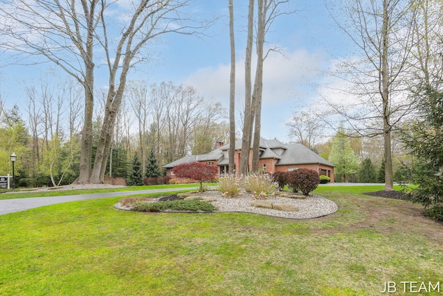 6579 Partridge Ln, Holland, MI 49423 - view of front of house featuring curved driveway, a chimney, and a front lawn