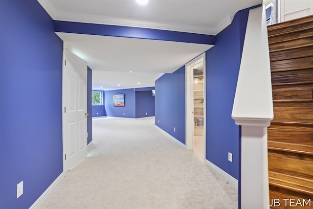 6579 Partridge Ln, Holland, MI 49423 - corridor featuring carpet floors, crown molding, baseboards, and stairs