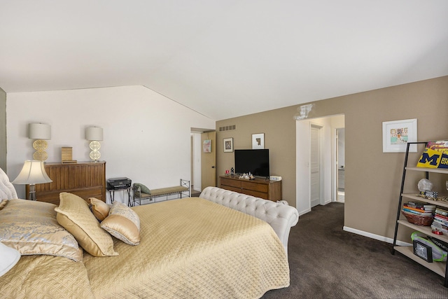 23930 Greenglen Ct, Franklin, MI 48025 - bedroom with visible vents, dark carpet, baseboards, and vaulted ceiling