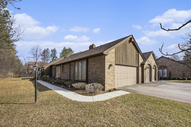 23930 Greenglen Ct, Franklin, MI 48025 - view of home's exterior with driveway, an attached garage, brick siding, a lawn, and board and batten siding