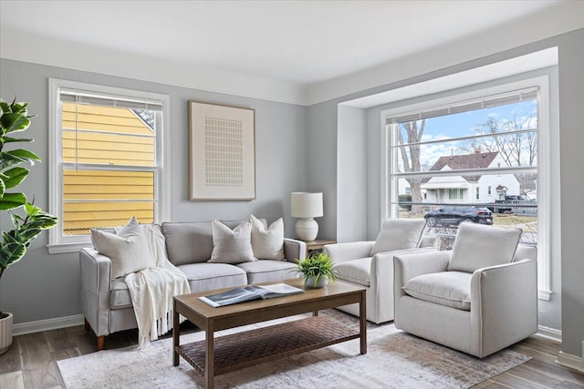 living area featuring baseboards and wood finished floors