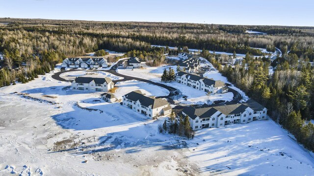 snowy aerial view featuring a forest view