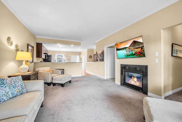 259 Victoria Dr, Dexter, MI 48130 - living room with baseboards, light carpet, ornamental molding, and a glass covered fireplace