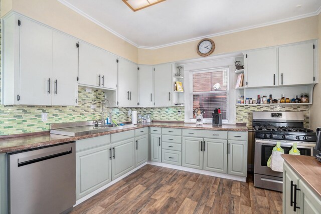 28 Orchard Pl, Battle Creek, MI 49017 - kitchen with a sink, stainless steel appliances, crown molding, and open shelves