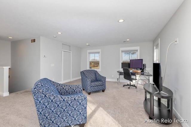 home office with recessed lighting, visible vents, carpet floors, and baseboards