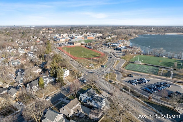 drone / aerial view featuring a water view