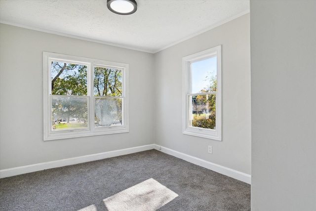 unfurnished room with plenty of natural light, dark carpet, and a textured ceiling