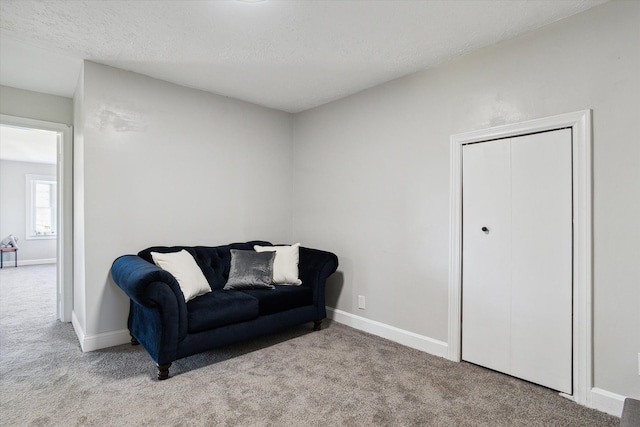 living area with a textured ceiling, baseboards, and carpet floors