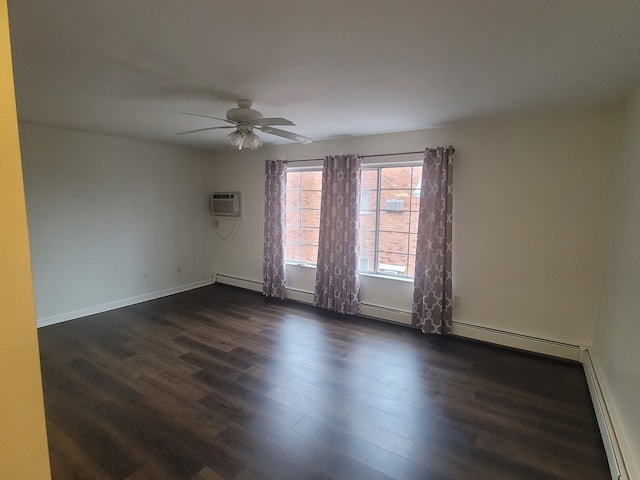 unfurnished room featuring baseboards, dark wood-type flooring, baseboard heating, and ceiling fan