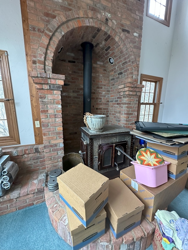 interior space featuring a wood stove