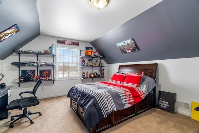 bedroom with baseboards, carpet, vaulted ceiling, and visible vents