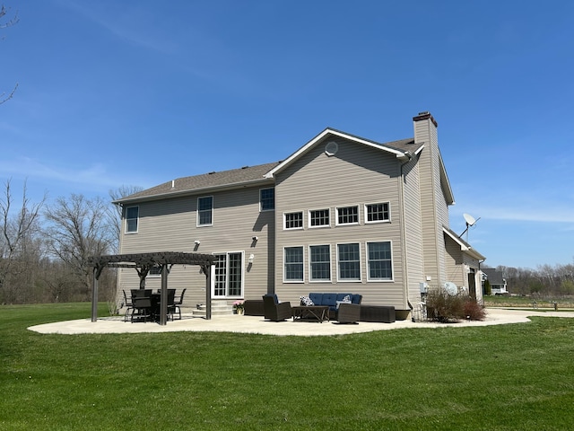 rear view of property featuring a pergola, a patio, a chimney, an outdoor living space, and a lawn
