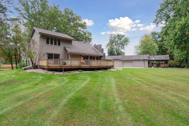 9247 Schrepfer Rd, Howell, MI 48855 - rear view of property featuring a lawn, a deck, and a chimney