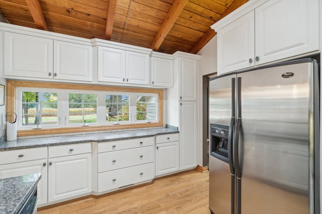 9247 Schrepfer Rd, Howell, MI 48855 - kitchen with stainless steel refrigerator with ice dispenser, wooden ceiling, lofted ceiling with beams, light wood-style floors, and white cabinetry