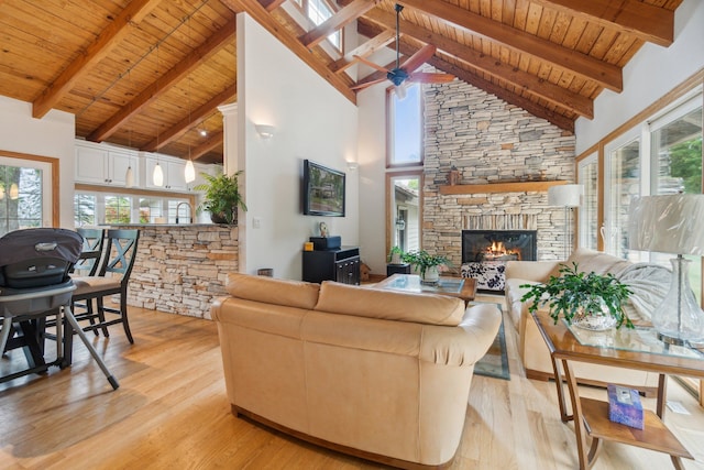 9247 Schrepfer Rd, Howell, MI 48855 - living room featuring light wood-type flooring, high vaulted ceiling, and wooden ceiling